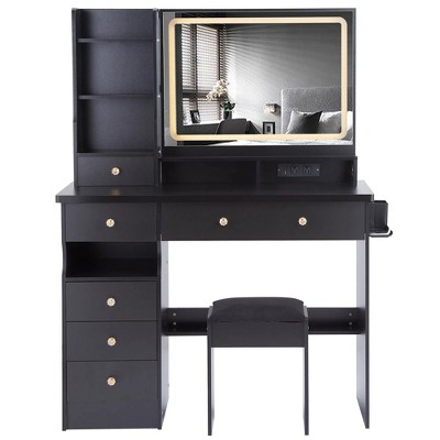 41" Large Size Left Drawer Desktop Vanity Table+Cushioned Stool Dresser Set, 2 AC+2 USB Power Station, Hair Dryer Stand