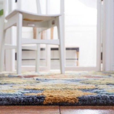 Handmade Navy Wool Runner Rug with Floral Pattern