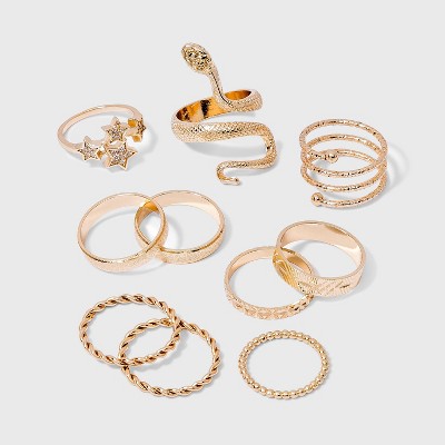 Snake and Star Statement Rings Set 10pc - Wild Fable™ Gold