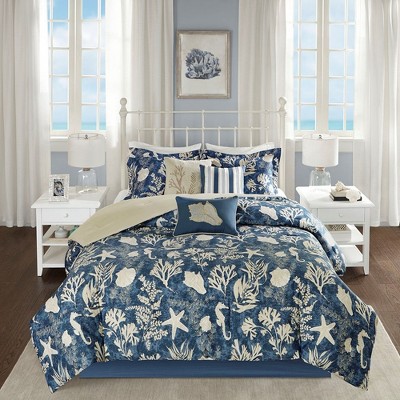 7 Pcs Stylish Coastal Coral Starfish Design Cotton Comforter Set,All Season Cozy Textile Down Alternative Bedding Set,Matching Shams & Pillows
