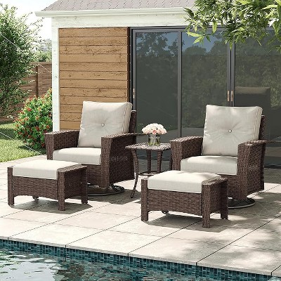 LayinSun Wicker Patio Furniture Set with Fire Pit Table, Classis Outdoor Conversation 360 Degree Swivel Chairs Set with Coffee Table