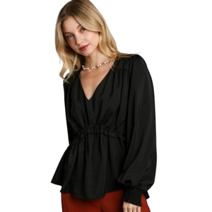 Slickblue Satin Baby Doll Top for Women, V-Neck with Ruffle Detail, Long Sleeve Blouse, Black/Wine/Sapphire, Size S-L - 1 of 4