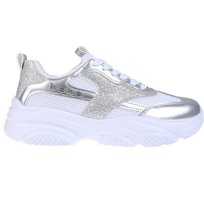 Женские кроссовки Bebe Women's Fashion Platform Lace-Up Shoes - Chunky Sneakers with Mesh & Rhinestone Accents, Silver, 9 — фото 2