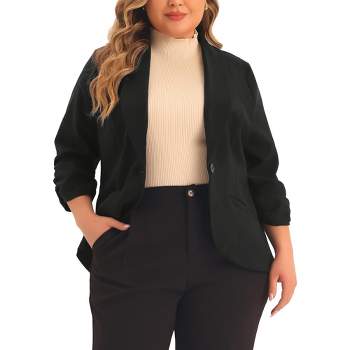 Agnes Orinda Women's Plus Size 3/4 Ruched Sleeve Open Front Lightweight Work Office Suit Blazer