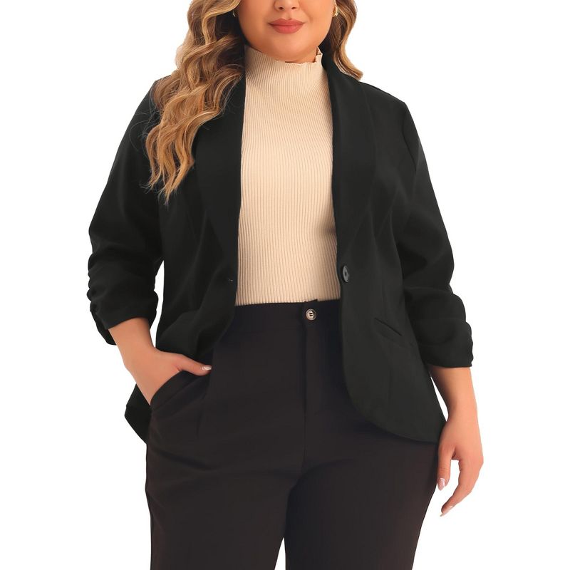 Agnes Orinda Women's Plus Size 3/4 Ruched Sleeve Open Front Lightweight Work Office Suit Blazer, 1 of 6