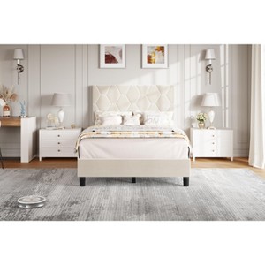 King Bed Frame with Upholstered Headboard, Heavy-Duty Platform Bed Frame with Strong Wood Slats, No Box Spring Needed/Noise Free/Easy Assembly - 1 of 4