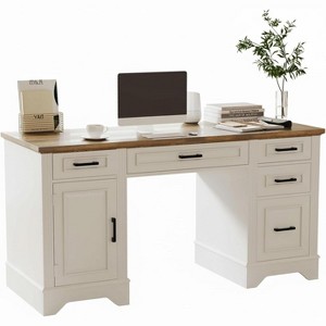 GOCAPTAIN 58 in Farmhouse Home Office Executive Desk, Wooden Writing Desk with 5 Drawers & Cabinet, Rustic Computer Table for Living Room Study - 1 of 4