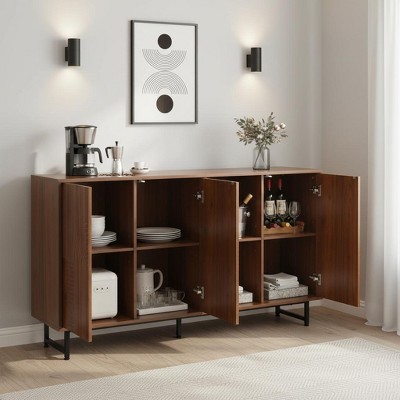 YOOCOZZ Mid-Century Modern Sideboard Buffet Cabinet, Geometric Carved Metal Legs - Walnut