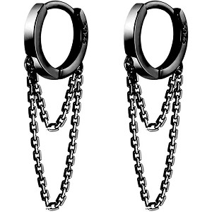 Solid 925 Sterling Silver Tassel Chain Drop Dangle Small Hoop Earrings Huggie - 1 of 4