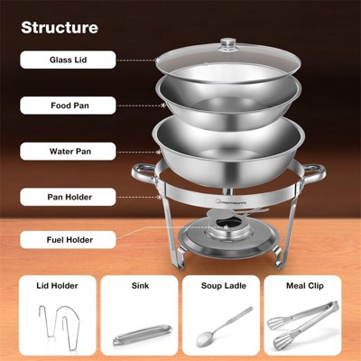 5QT Stainless Steel Round Chafing Dish Buffet Set with Glass Lid, 4-Pack