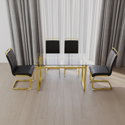 NicBex Dining Table Set for 4 Modern Glass Dining Table with Glass Tabletop, Geometric Legs and 4 PU Chairs for Dining Room