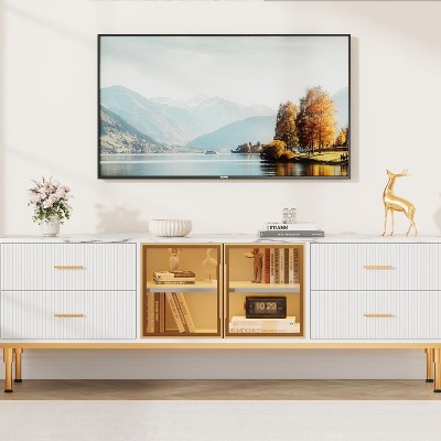 TV Stand with 4 Drawers, Modern Media Console for TVs Up to 75 Inch, Glass Door for Living Room, White Wood TV Modern Entertainment with LED Ligh