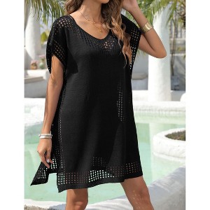 Women's Crewneck Cover Up Dress Fashion Knit Eyelet Beach Dresses Summer Loose Fit Coverup Mini Dress - 1 of 4
