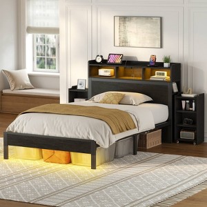 Greenstell Bed Frames with Charging Station and LED Lights, Wood Headboard with Bookcase and Storage Shelves, Platform Bed with Metal Slats - 1 of 4