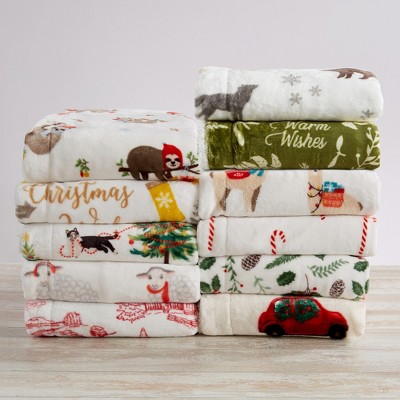 Holiday Botanical Green Velvet Plush Sherpa Reversible Throw Blanket