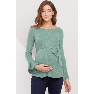 Hello MIZ Womens Solid Bell Sleeve Maternity Top with Keyhole Back and Faux Waist Tie - 1 of 1