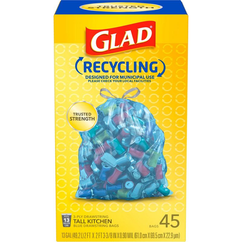 Glad Recycling Trash Bags + Tall Kitchen Drawstring Blue Trash Bags - 13 Gallon - 45ct, 3 of 10