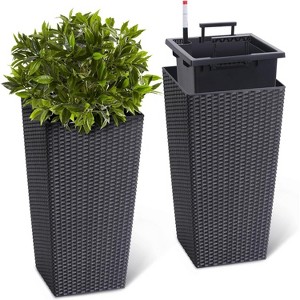22.5” Tall Rattan Planter Set of 2 with Water Level Monitor, Wheels, and Trays for Indoor/Outdoor Use, Black - 1 of 4