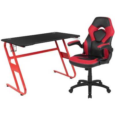 BlackArc 2pc Alpha Gaming Desk and Chair Red: High Back, Laminate Surface, Headphone Hook, Cupholder, Open Storage Shelf