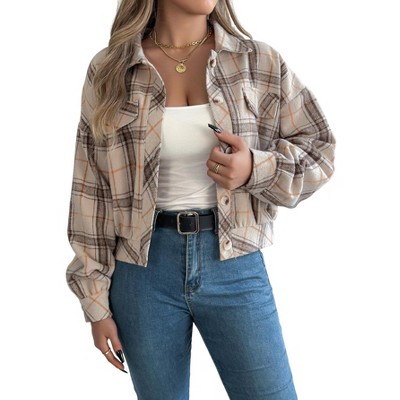 Clearlove Women's Button Down Flannel Plaid Shirt Jacket Oversized Vintage Shacket Long Sleeve Collared Work Casual Shirts Tops