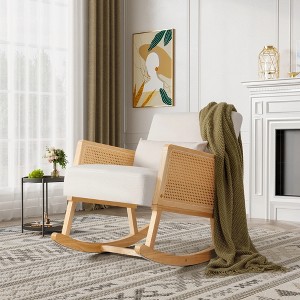 LACOO Upholstered Rocking Armchair with Rattan Wooden Armrests - Beige - 1 of 4