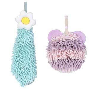 REGALWOVEN Soft Absorbent Cute Fuzzy Hanging Decorative Bathroom Chenille Hand Towel 6" x 15"/7" x 7" 2 Packs - 1 of 4