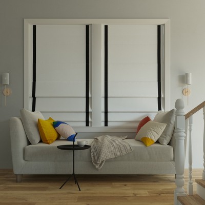 Olander White and Black Fabric Cordless Blackout Roman Shade 39" x 64"