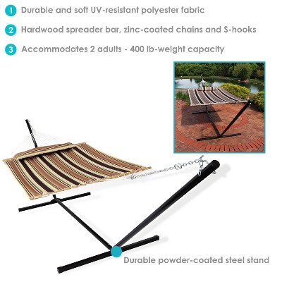 Sandy Beach Striped Polyester Double Hammock with Black Steel Stand