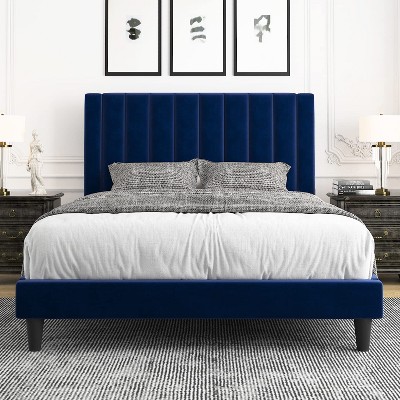 Allewie Bed Platform Frame/Velvet Upholstered Bed Frame with Vertical Channel Tufted Headboard/Strong Wooden Slats/Box Spring Optional