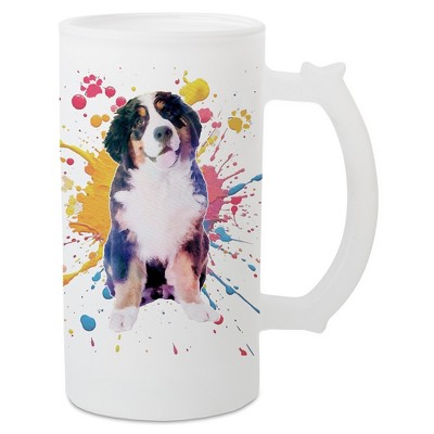 100 North Freezable Beer Stein Mug With Thumb Grip Handle, 16 Ounce Frosted Glass, Bernese Mountain Dog Paint Splatter