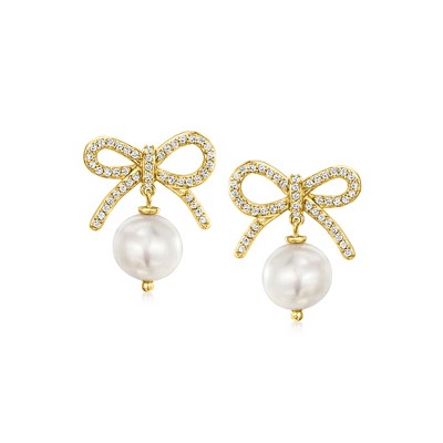 Ross-Simons 9-9.5mm Cultured Pearl and .50 ct. t.w. White Topaz Bow Drop Earrings in 18kt Gold Over Sterling