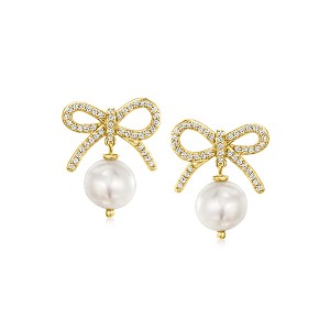 Ross-Simons 9-9.5mm Cultured Pearl and .50 ct. t.w. White Topaz Bow Drop Earrings in 18kt Gold Over Sterling - 1 of 4