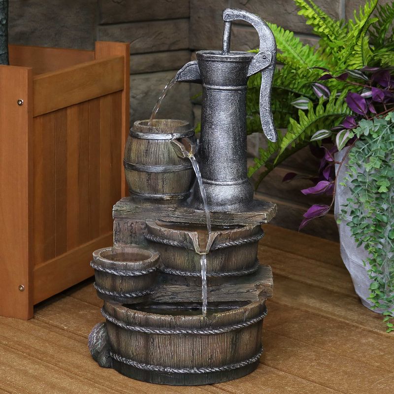 Sunnydaze 23"H Electric Polyresin Cozy Farmhouse Pump and Tiered Barrels Outdoor Water Fountain with LED Lights, 5 of 14