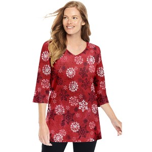 Woman Within Plus Size Perfect Printed Three-Quarter-Sleeve V-Neck Tunic - 1 of 4