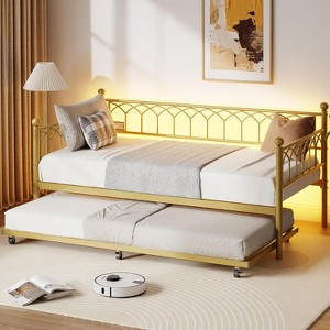 Twin Daybed with Trundle, Day Bed with Charging Station & LED Lights, Metal Sofa Bed Frame with Pull Out Trundle - 1 of 4