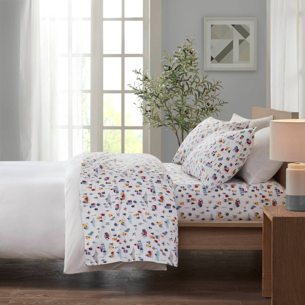 True North by Sleep Philosophy Full Cozy Cotton Flannel Printed Sheet Set White Village Print