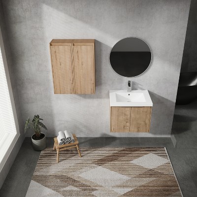 Vynxaria 24 in. Single Wall-Mounted Imitation Oak Plywood Bath Vanity with White Resin Top KD-PACKING Ready to Assemble