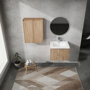 Vynxaria 24 in. Single Wall-Mounted Imitation Oak Plywood Bath Vanity with White Resin Top KD-PACKING Ready to Assemble - 1 of 4