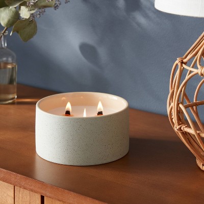 3-Wick 14oz Matte Textured Ceramic Wooden Wick Candle Blue/Seagrass and Bergamot - Threshold&#8482;