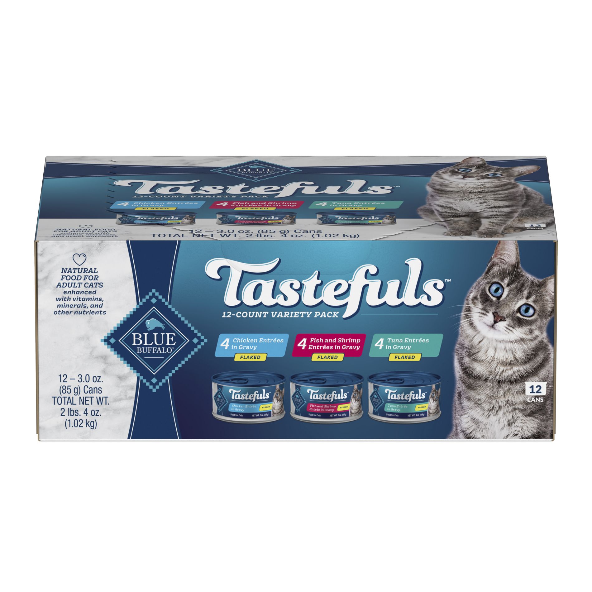 Blue Buffalo Tastefuls Natural Flaked Wet Cat Food Variety Pack, Tuna, Chicken, Fish & Shrimp Entrées in Gravy - 3oz/12ct