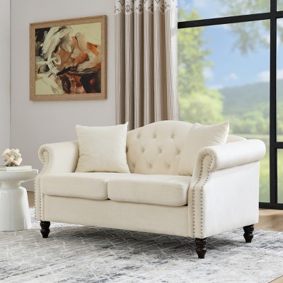 57'' Chesterfield Velvet Tufted Loveseat with Rolled Arms & Nailhead Trim for Living Room Bedroom Apartment-Baofuwish