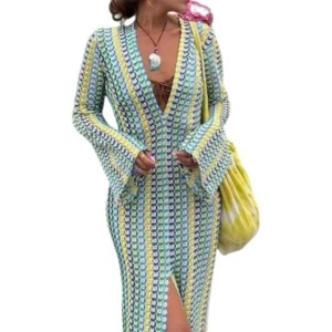 Coolmee Women's Crochet Colorful Bell Long Sleeve V Neck Loose Maxi Dress Sexy Boho Eyelet Long Sundresses with Slit Blue S
