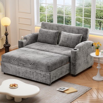 Runesay Modern Chenille Convertible Loveseat Sofa with Adjsutable Backrest, 2 Pillows, Cup Holders, USB Ports