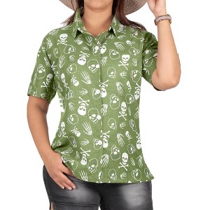 LA LEELA Women's Cotton Scary Blouse Button Down Tops Dress Shirt Short Sleeve Halloween Costumes Vintage Shirts - 1 of 4