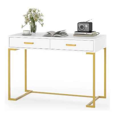 Vynxaria 440” White and Gold Computer Desk, 40”W×20”D×30”H, 2 Drawers, 220LBS Capacity, MDF Top/Steel Frame
