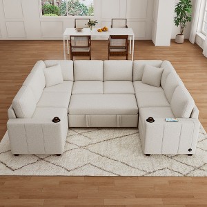 YOOCOZZ 107.1" U-shaped Sofa, Convertible Pull-out Sofa Bed with Built-in USB Charging Ports and Dual Cup Holders - 1 of 4