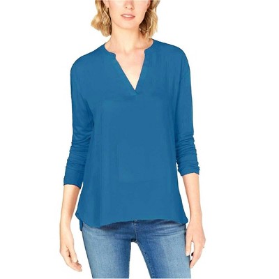 I.N.C International Concepts Womens Split Neck Pullover Blouse, Blue, PM