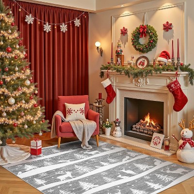 Christmas Runner Rug, Washable Non Slip Low Pile Carpet, Xmas Tree Reindeer Snowflake Indoor Rug for Entryway, Kitchen, Living Room