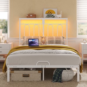 Pinmoco LED Storage Headboard Bed Frame, Metal Platform with Charging Station & Shelf, Black - 1 of 4