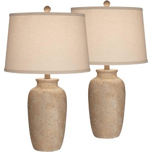Regency Hill 25 1/2" High Farmhouse Rustic Coastal Country Cottage Table Lamps Set of 2 Beige Oatmeal Shade Living Room Bedroom Bedside Nightstand - 1 of 4